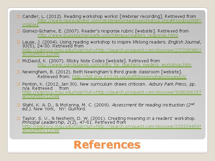 � Candler, L. (2012). Reading workshop works! [Webinar recording]. Retrieved from http: //www. lauracandler.