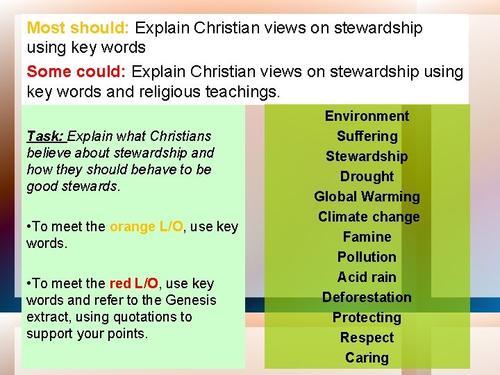 Most should: Explain Christian views on stewardship using key words Some could: Explain Christian