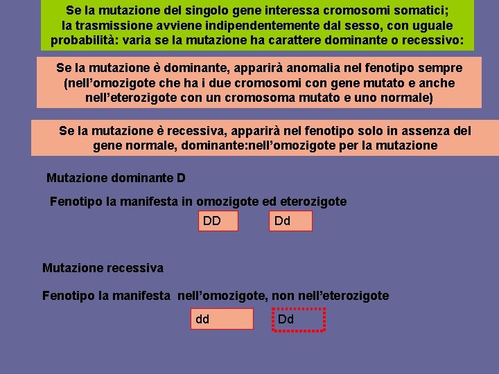 Se la mutazione del singolo gene interessa cromosomi somatici; la trasmissione avviene indipendentemente dal