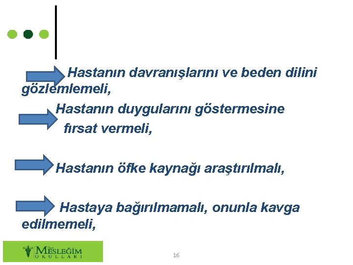 Hastanın davranışlarını ve beden dilini gözlemlemeli, Hastanın duygularını göstermesine fırsat vermeli, Hastanın öfke kaynağı