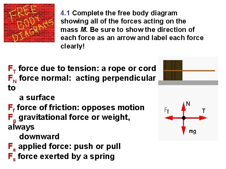 4. 1 Complete the free body diagram showing all of the forces acting on