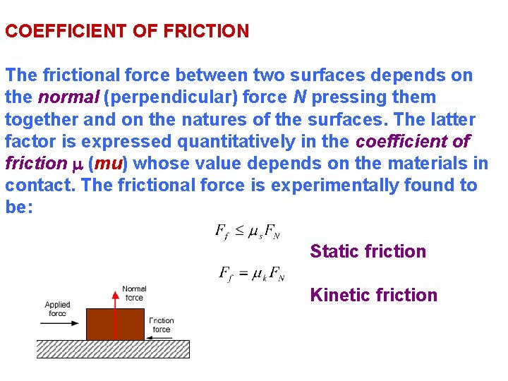 COEFFICIENT OF FRICTION The frictional force between two surfaces depends on the normal (perpendicular)