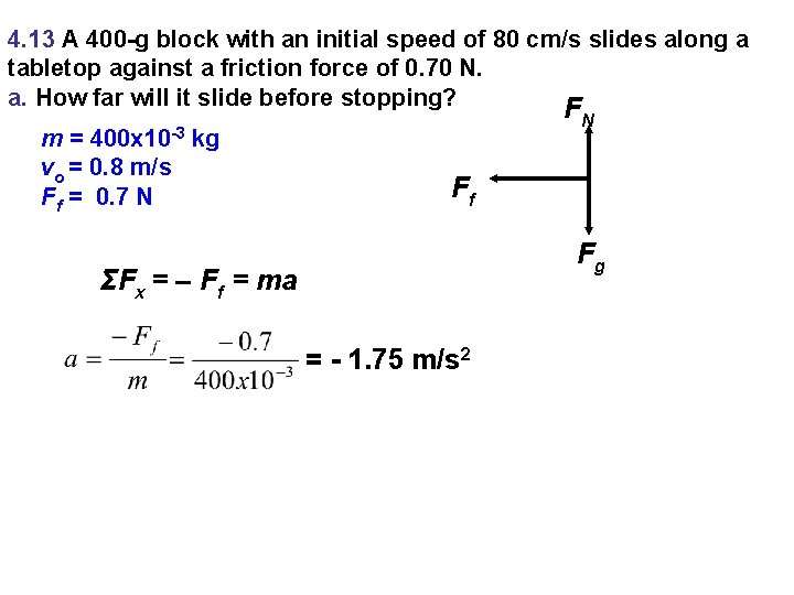 4. 13 A 400 -g block with an initial speed of 80 cm/s slides