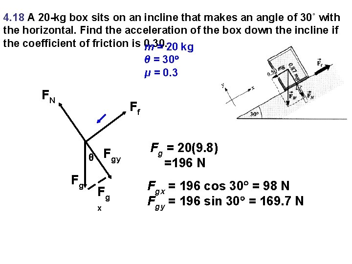 4. 18 A 20 -kg box sits on an incline that makes an angle