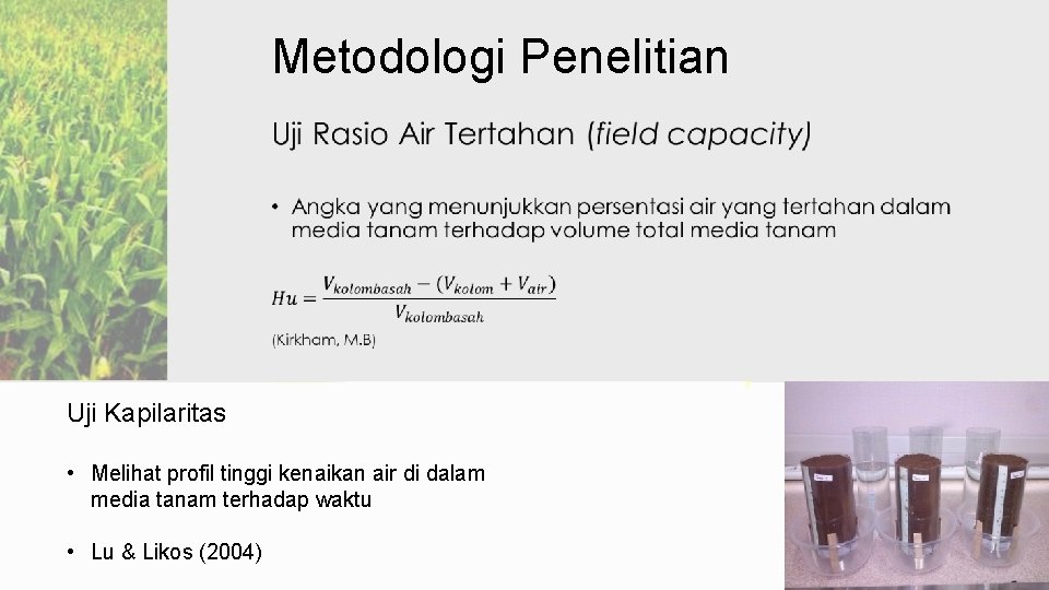 Metodologi Penelitian • Uji Kapilaritas • Melihat profil tinggi kenaikan air di dalam media