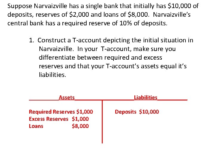 Suppose Narvaizville has a single bank that initially has $10, 000 of deposits, reserves
