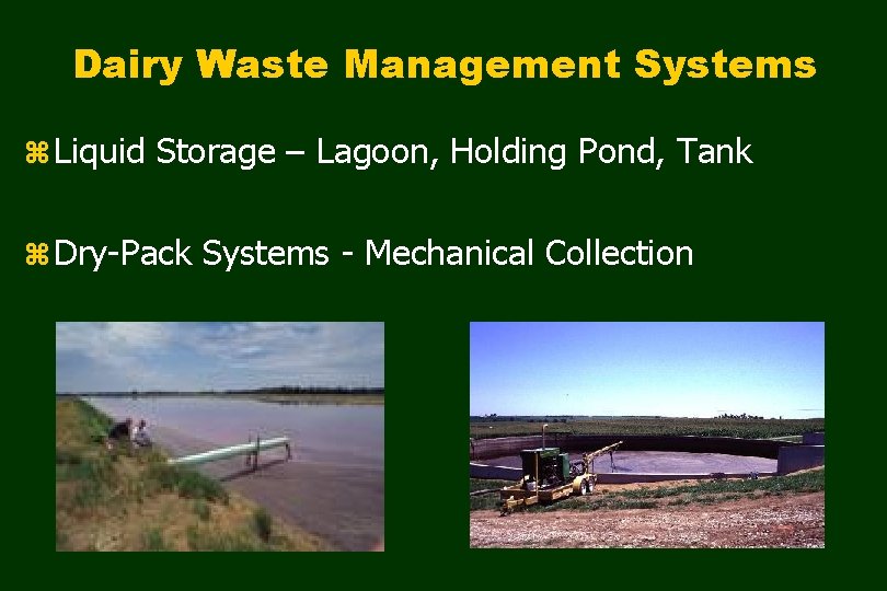 Dairy Waste Management Systems z Liquid Storage – Lagoon, Holding Pond, Tank z Dry-Pack