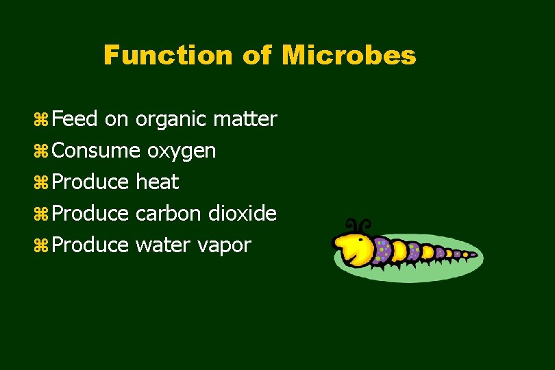 Function of Microbes z Feed on organic matter z Consume oxygen z Produce heat