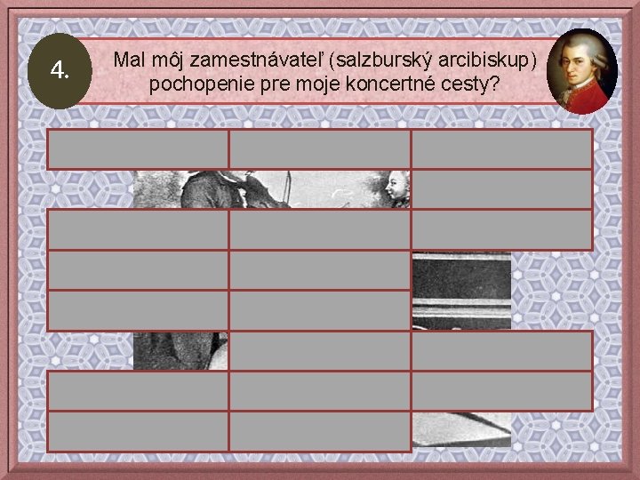 4. Mal môj zamestnávateľ (salzburský arcibiskup) pochopenie pre moje koncertné cesty? nie áno 