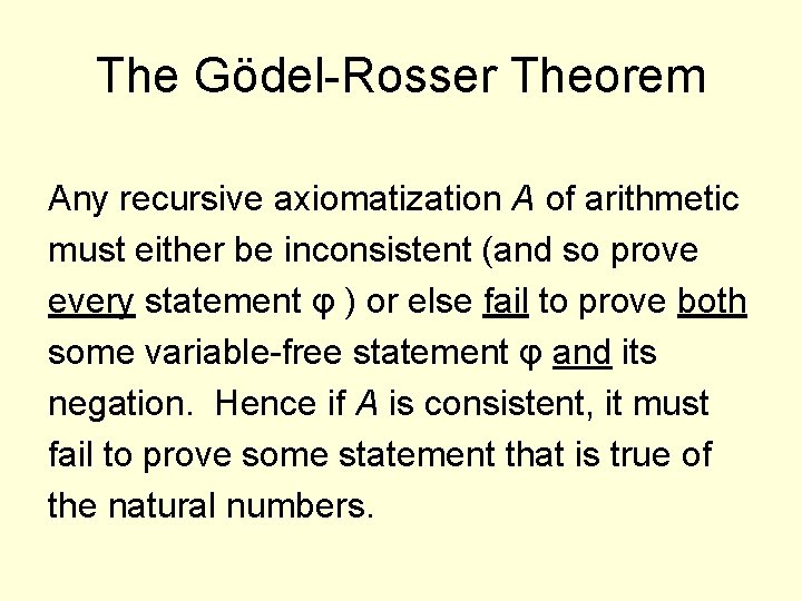 The Gödel-Rosser Theorem Any recursive axiomatization A of arithmetic must either be inconsistent (and