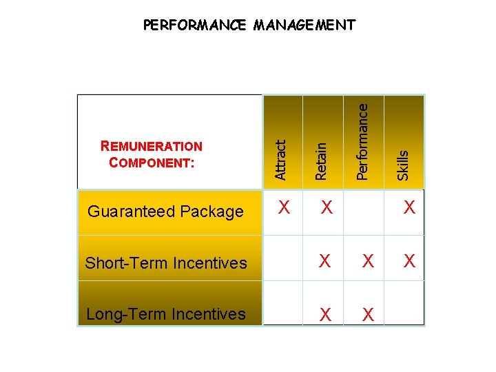 Guaranteed Package X X Skills Performance Retain REMUNERATION COMPONENT: Attract PERFORMANCE MANAGEMENT X Short-Term