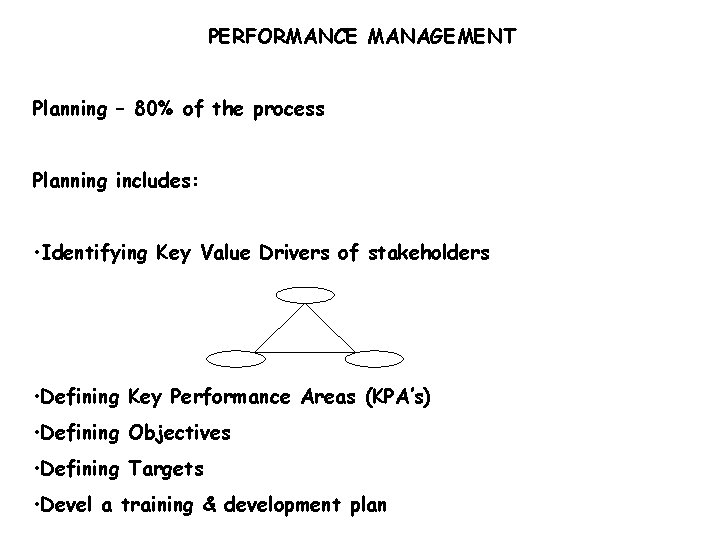 PERFORMANCE MANAGEMENT Planning – 80% of the process Planning includes: • Identifying Key Value