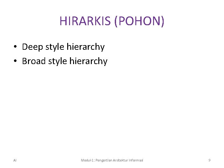 HIRARKIS (POHON) • Deep style hierarchy • Broad style hierarchy AI Modul-1: Pengertian Arsitektur
