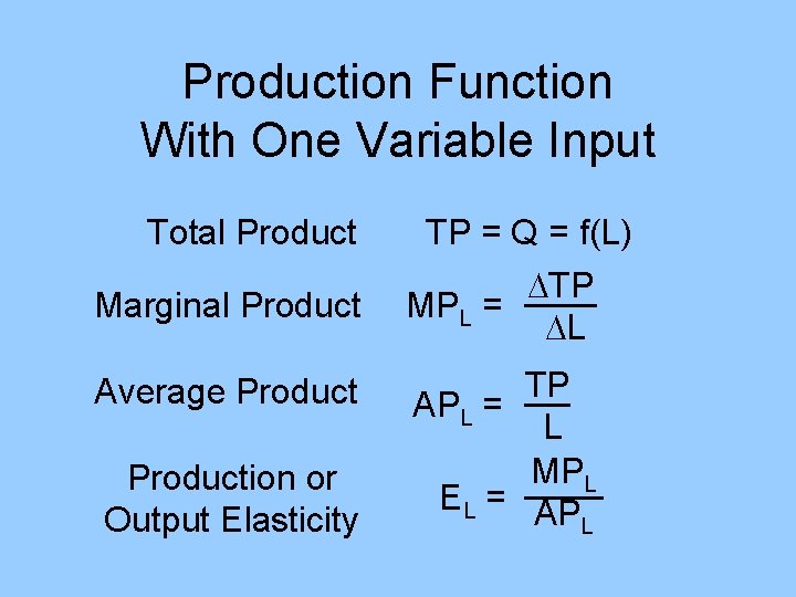 Production Function With One Variable Input Total Product Marginal Product Average Production or Output