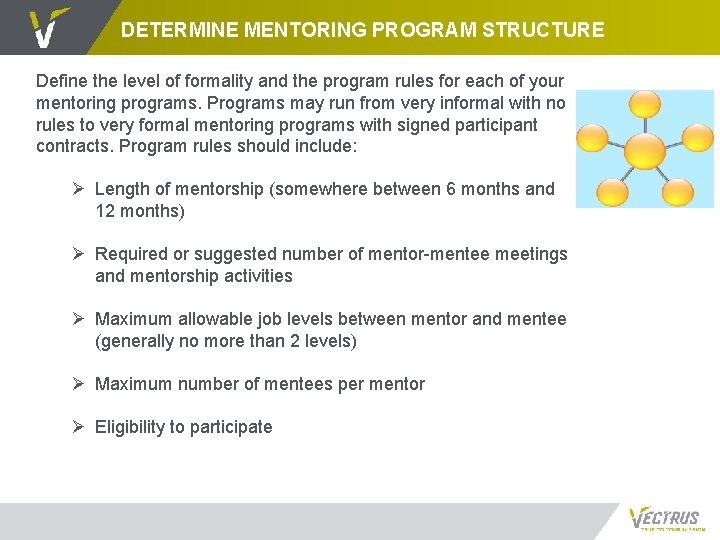 DETERMINE MENTORING PROGRAM STRUCTURE Define the level of formality and the program rules for