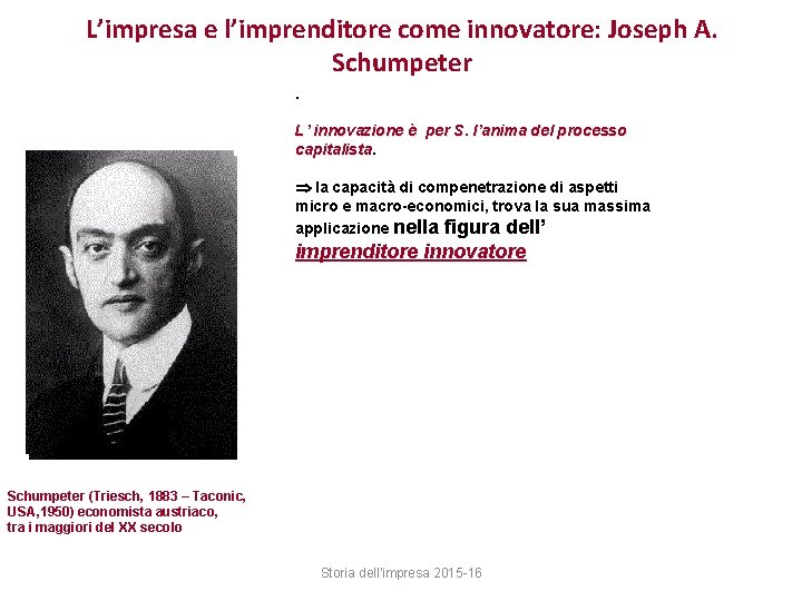 L’impresa e l’imprenditore come innovatore: Joseph A. Schumpeter. L’ innovazione è per S. l’anima