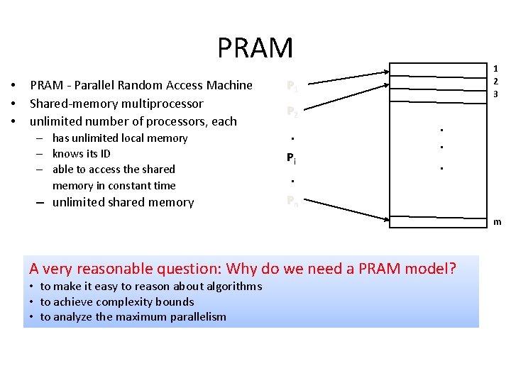 PRAM • • • PRAM - Parallel Random Access Machine Shared-memory multiprocessor unlimited number