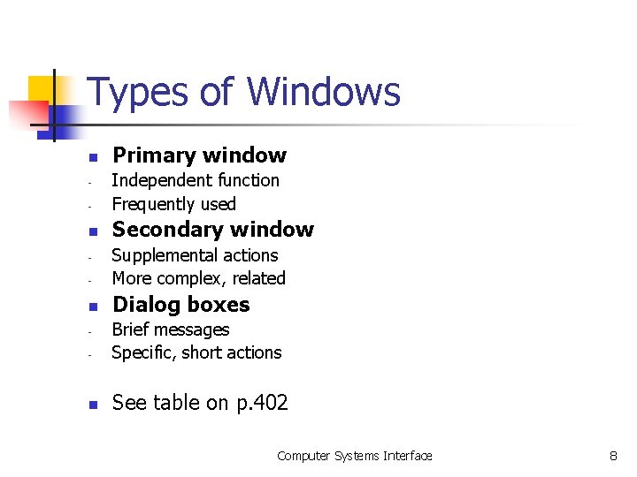 Types of Windows n Primary window - Independent function Frequently used n Secondary window