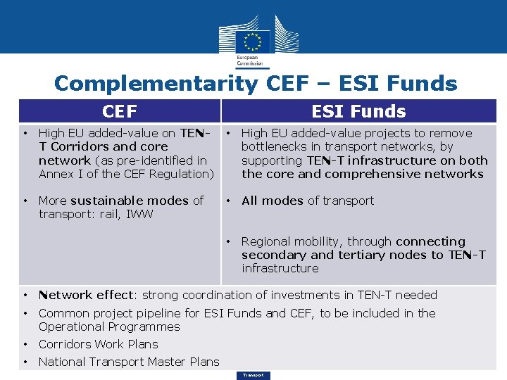 Complementarity CEF – ESI Funds CEF ESI Funds • High EU added-value on TENT