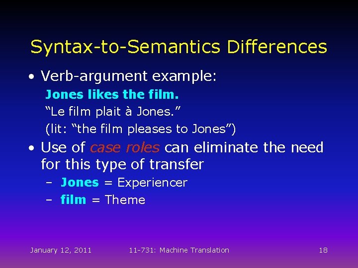 Syntax-to-Semantics Differences • Verb-argument example: Jones likes the film. “Le film plait à Jones. Syntax-to-Semantics Differences • Verb-argument example: Jones likes the film. “Le film plait à Jones.