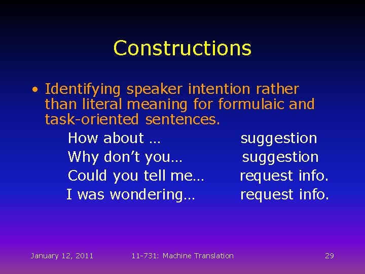 Constructions • Identifying speaker intention rather than literal meaning formulaic and task-oriented sentences. How Constructions • Identifying speaker intention rather than literal meaning formulaic and task-oriented sentences. How