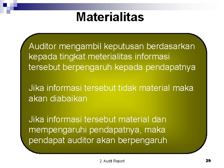 Materialitas Auditor mengambil keputusan berdasarkan kepada tingkat meterialitas informasi tersebut berpengaruh kepada pendapatnya Jika