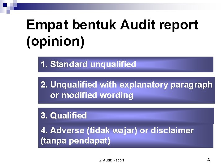 Empat bentuk Audit report (opinion) 1. Standard unqualified 2. Unqualified with explanatory paragraph or