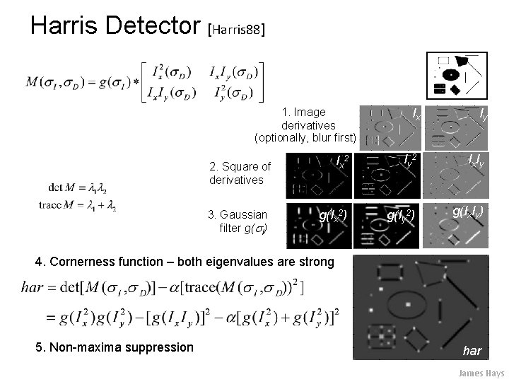 Harris Detector [Harris 88] 1. Image derivatives (optionally, blur first) Ix Iy Ix 2