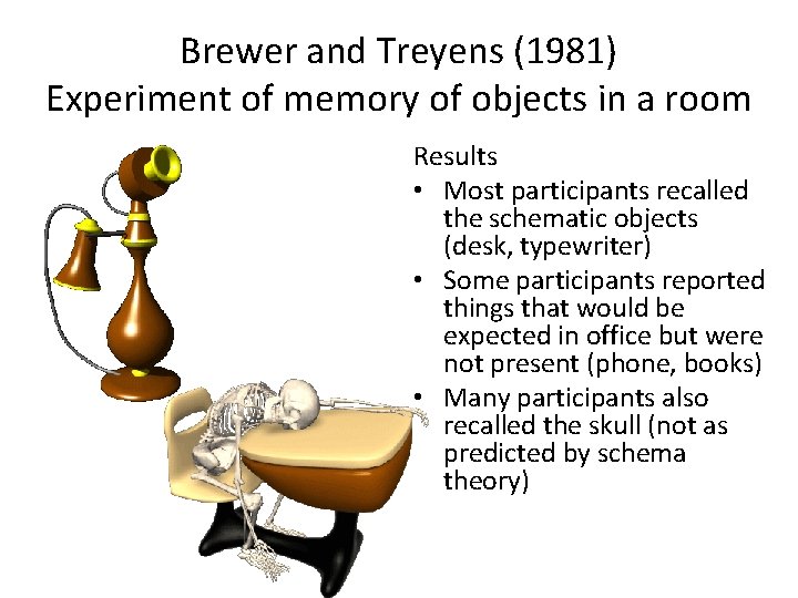 Brewer and Treyens (1981) Experiment of memory of objects in a room Results • Brewer and Treyens (1981) Experiment of memory of objects in a room Results •