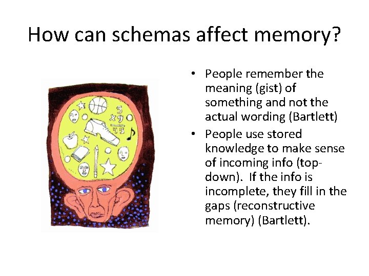 How can schemas affect memory? • People remember the meaning (gist) of something and How can schemas affect memory? • People remember the meaning (gist) of something and
