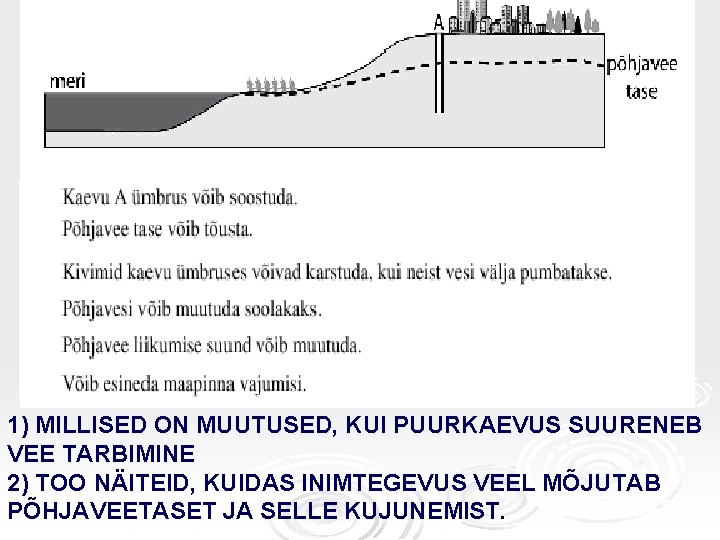 1) MILLISED ON MUUTUSED, KUI PUURKAEVUS SUURENEB VEE TARBIMINE 2) TOO NÄITEID, KUIDAS INIMTEGEVUS 1) MILLISED ON MUUTUSED, KUI PUURKAEVUS SUURENEB VEE TARBIMINE 2) TOO NÄITEID, KUIDAS INIMTEGEVUS