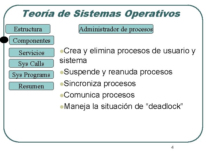 Teoría de Sistemas Operativos Estructura Administrador de procesos Componentes Servicios Sys Calls Sys Programs Teoría de Sistemas Operativos Estructura Administrador de procesos Componentes Servicios Sys Calls Sys Programs