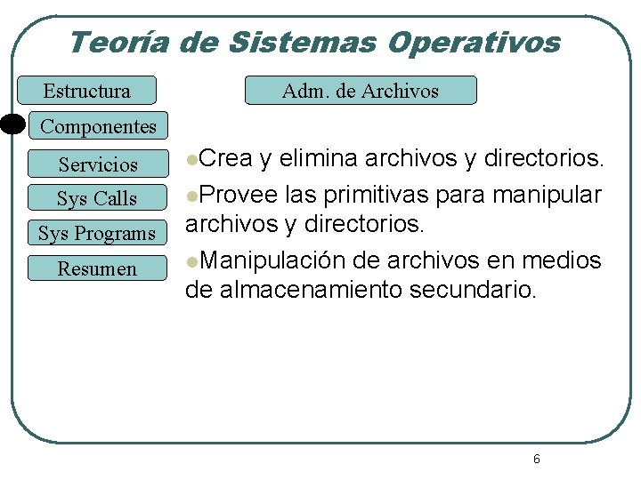 Teoría de Sistemas Operativos Estructura Adm. de Archivos Componentes Servicios Sys Calls Sys Programs Teoría de Sistemas Operativos Estructura Adm. de Archivos Componentes Servicios Sys Calls Sys Programs