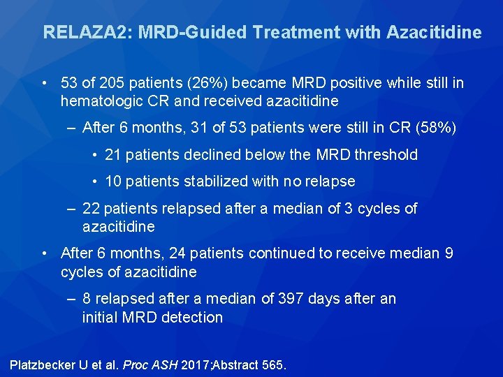 RELAZA 2: MRD-Guided Treatment with Azacitidine • 53 of 205 patients (26%) became MRD