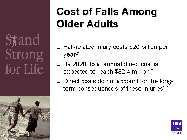 Cost of Falls Among Older Adults q Fall-related injury costs $20 billion per year Cost of Falls Among Older Adults q Fall-related injury costs $20 billion per year