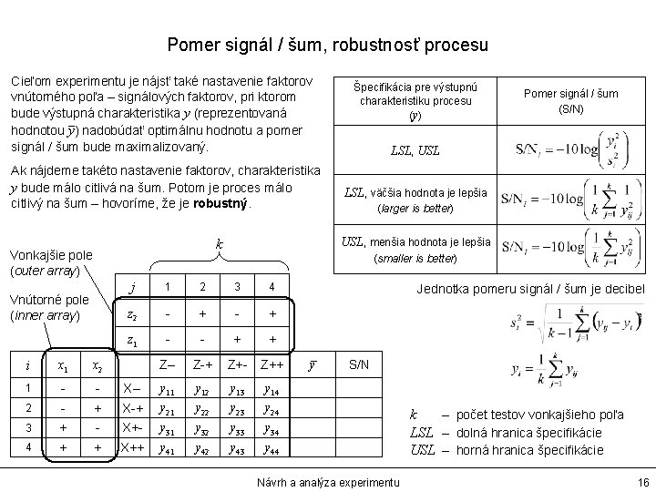 Pomer signál / šum, robustnosť procesu Cieľom experimentu je nájsť také nastavenie faktorov vnútorného