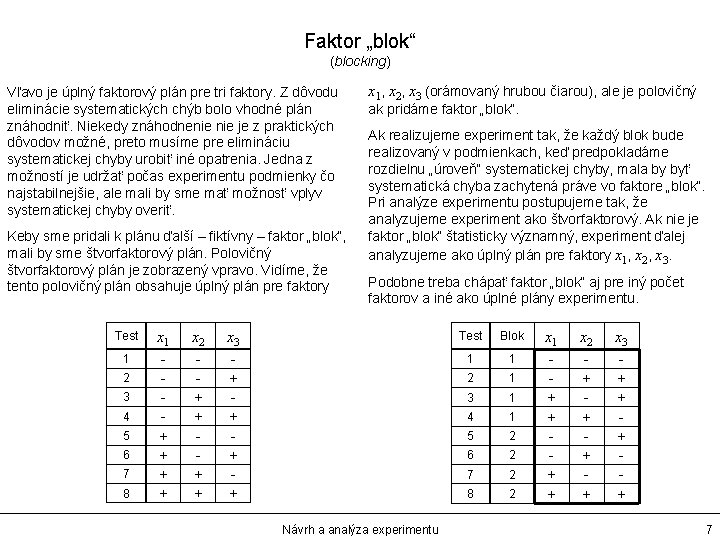 Faktor „blok“ (blocking) Vľavo je úplný faktorový plán pre tri faktory. Z dôvodu eliminácie