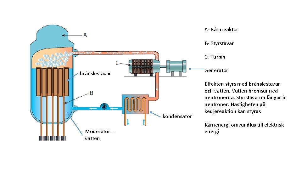 A- Kärnreaktor B- Styrstavar C- Turbin Generator bränslestavar kondensator Moderator = vatten Effekten styrs