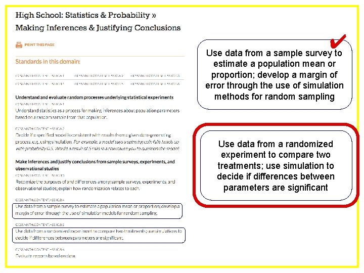 ✔ Use data from a sample survey to estimate a population mean or proportion;