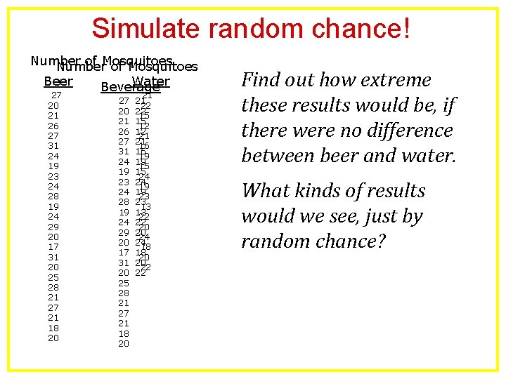 Simulate random chance! Number of Mosquitoes Beer Water Beverage 27 20 21 26 27