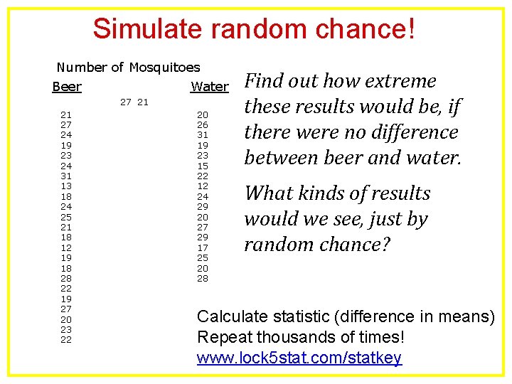 Simulate random chance! Number of Mosquitoes Beer Water Beverage 21 27 24 19 23