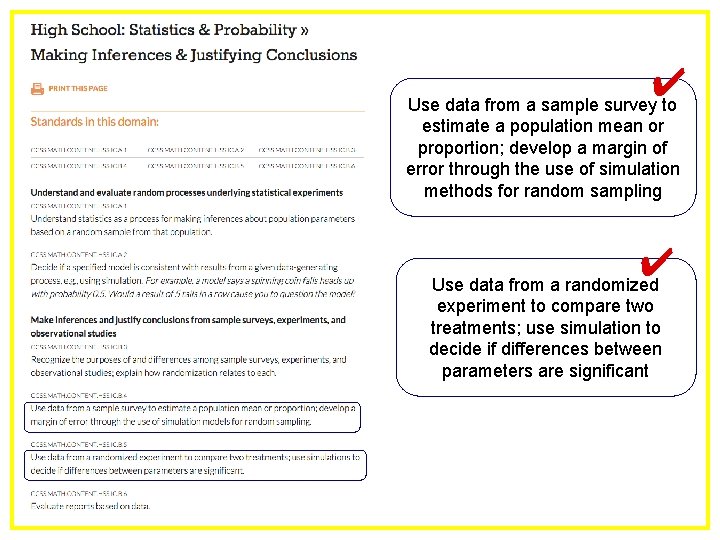 ✔ Use data from a sample survey to estimate a population mean or proportion;