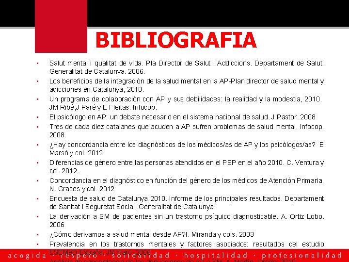 BIBLIOGRAFIA • • • Salut mental i qualitat de vida. Pla Director de Salut