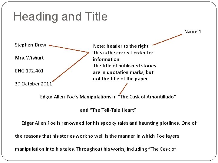 Heading and Title Name 1 Stephen Drew Mrs. Wishart ENG 102. 401 30 October