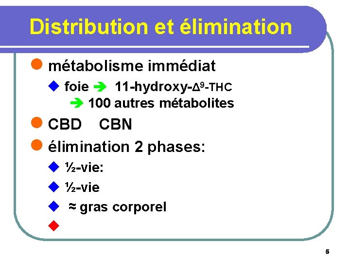 Distribution et élimination l métabolisme immédiat u foie 11 -hydroxy-Δ 9 -THC 100 autres