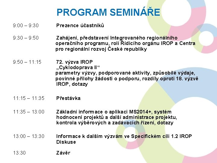 PROGRAM SEMINÁŘE 9: 00 – 9: 30 Prezence účastníků 9: 30 – 9: 50