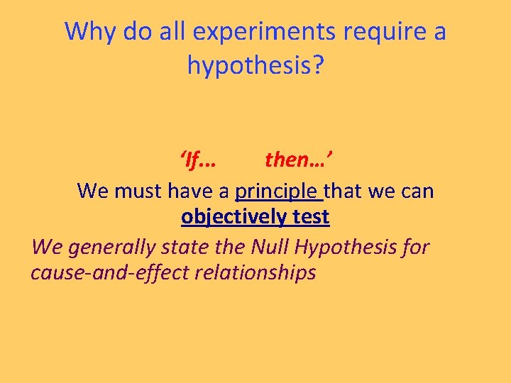 Why do all experiments require a hypothesis? ‘If. . . then…’ We must have