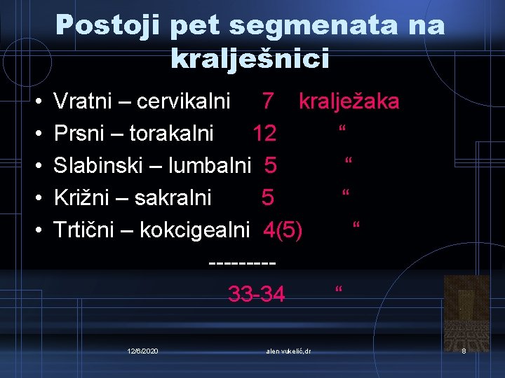 Postoji pet segmenata na kralješnici • • • Vratni – cervikalni 7 kralježaka Prsni