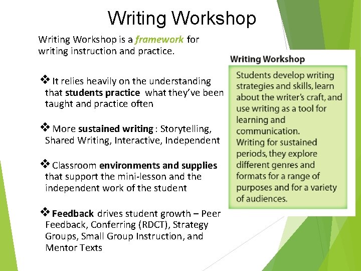 Writing Workshop is a framework for writing instruction and practice. ❖It relies heavily on
