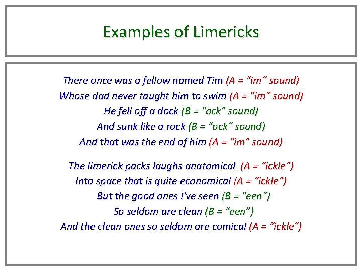 Examples of Limericks There once was a fellow named Tim (A = “im” sound)